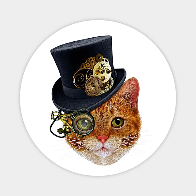 Orange Cat with Steampunk Hat and Monocle Magnet by SirLeeTees